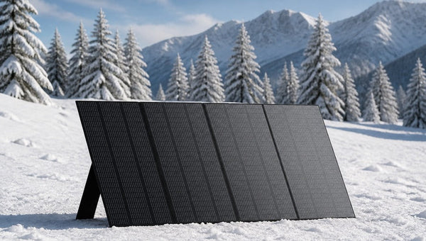 BLUETTI 350W solar panel in serene winter landscape