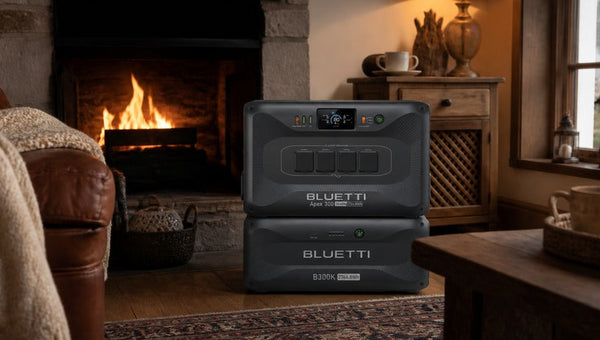 BLUETTI Apex 300+B300K cozy living room fireplace
