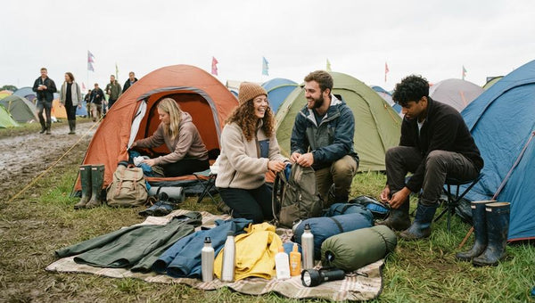 Friends packing festival camping essentials