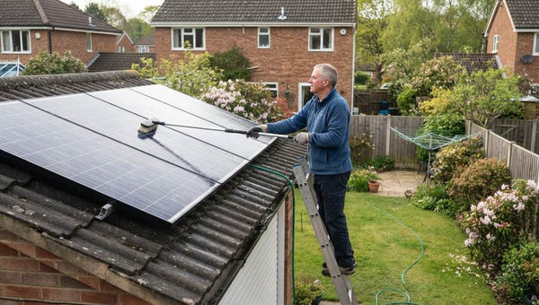 Homeowner showing how to clean solar panels in the UK
