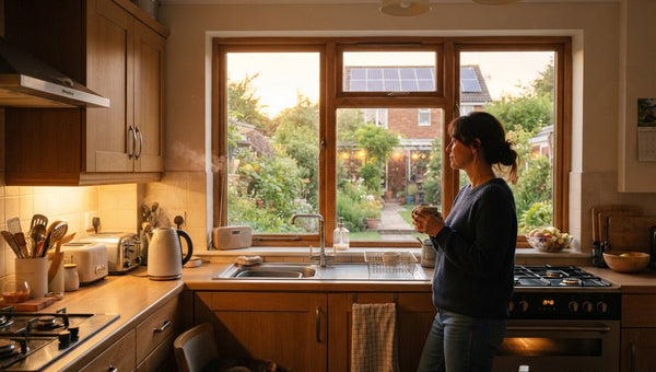 Kitchen view of a UK home with a solar battery