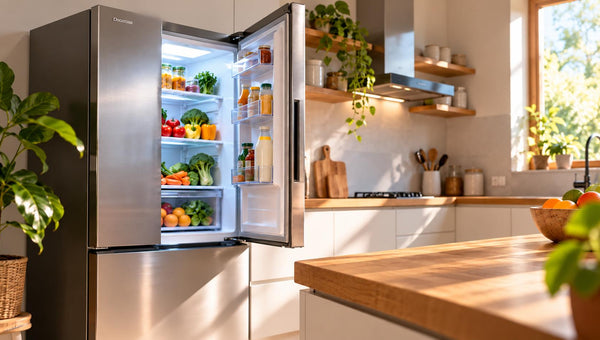 Open refrigerator filled with fresh food in modern kitchen