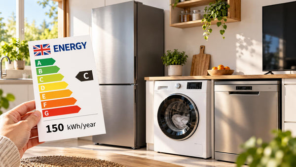 UK energy label beside modern household appliances